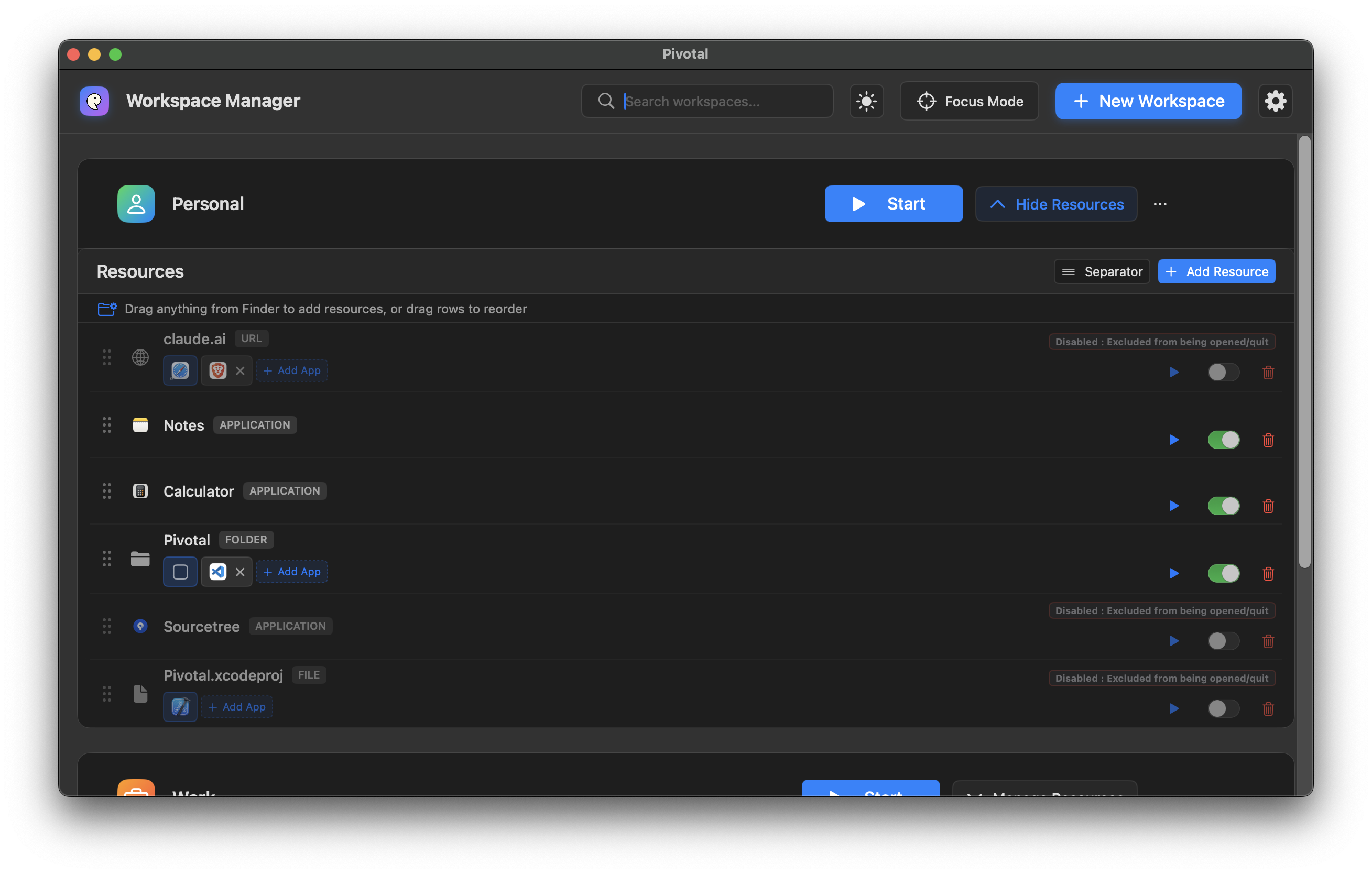 Pivotal app showing resource management with apps, files, and websites in a workspace