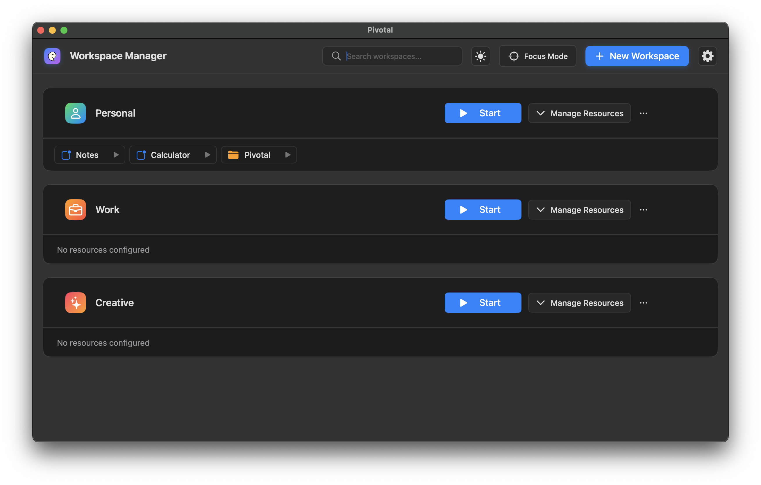 Pivotal App - Main workspace view showing multiple organized workspaces