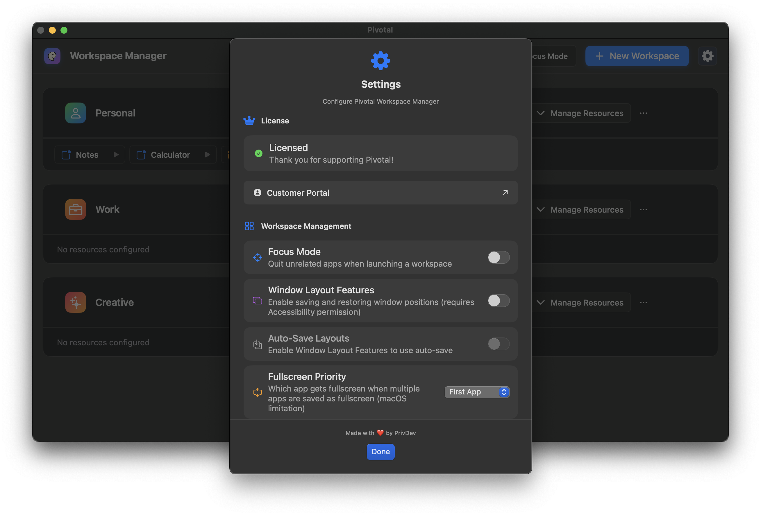 Pivotal settings interface showing clean, professional configuration options